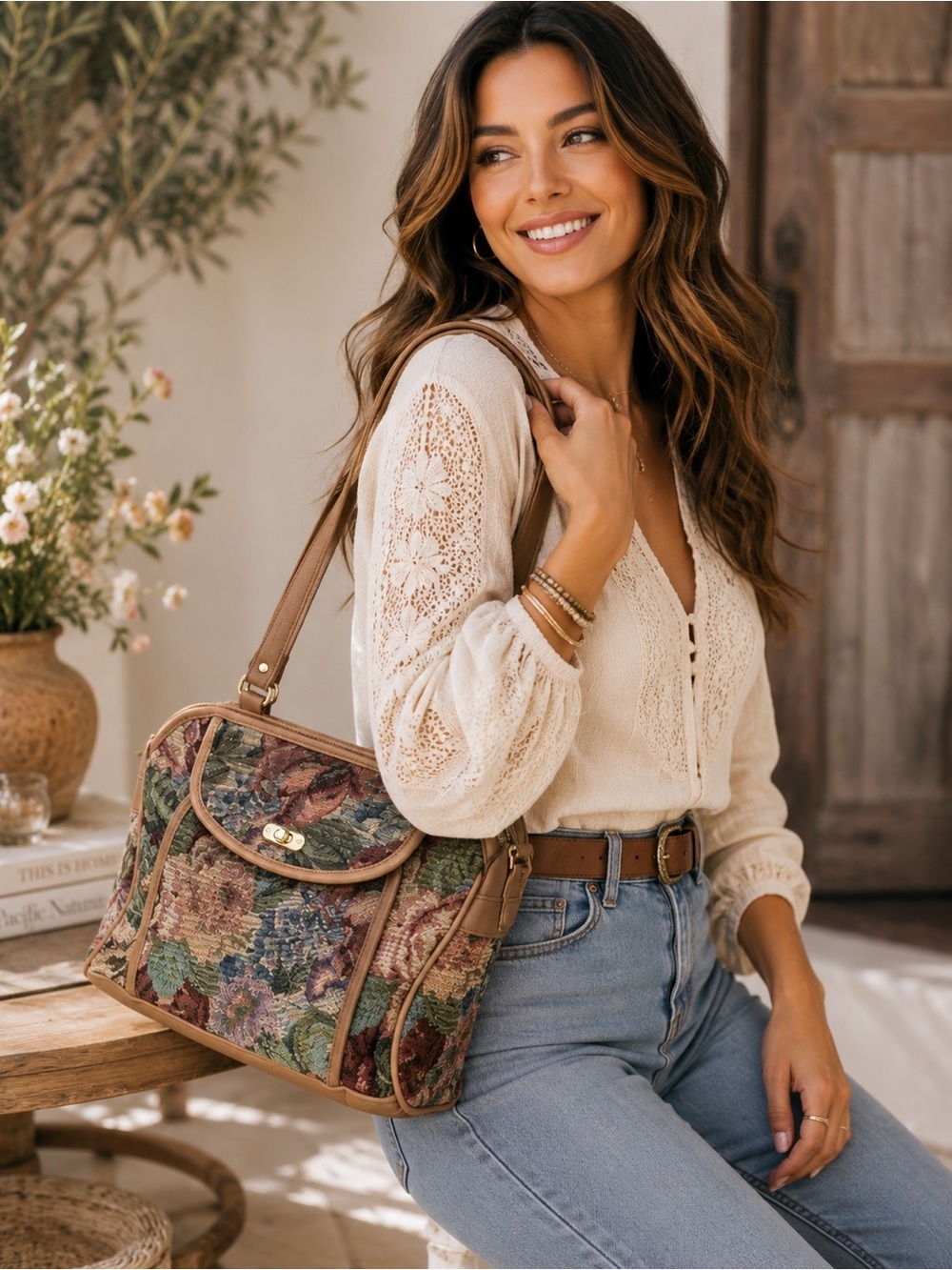Vintage Multi-Compartment Floral Tapestry Shoulder Bag - Boho 80s 90s Style